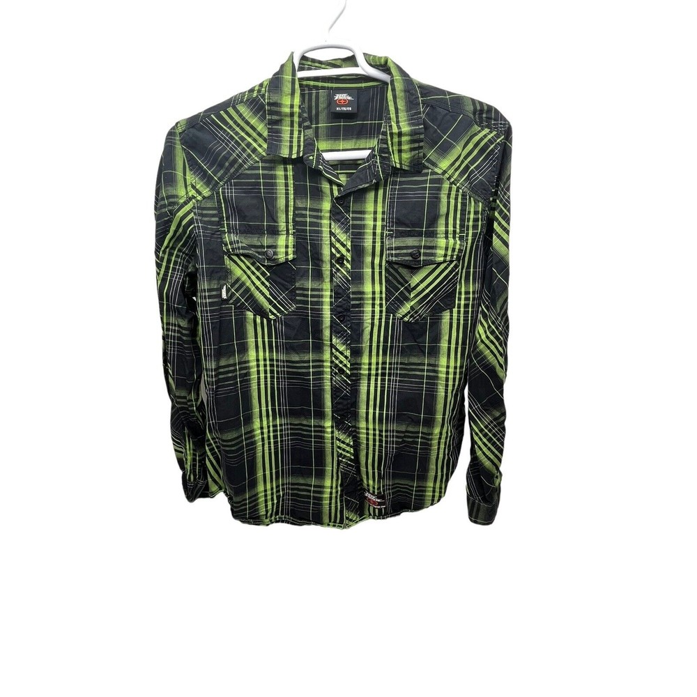 No Fear Button Up Shirt Adult Extra Large XL Green Plaid Cotton Mens Casual